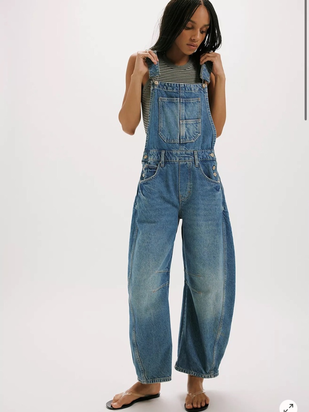 Free People Washed Blue Denim Wide-Leg Overalls